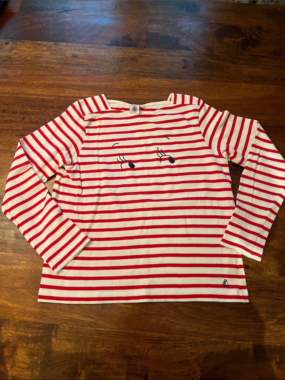 Petit Bateau - Size 12 - Red & White Striped Long-Sleeve Top with Playful Face